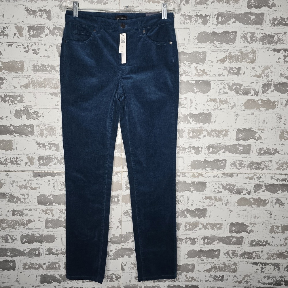 NEW Talbots Corduroy Straight Leg Pant Womens 2Reg Blue Slimming Petites Stretch
